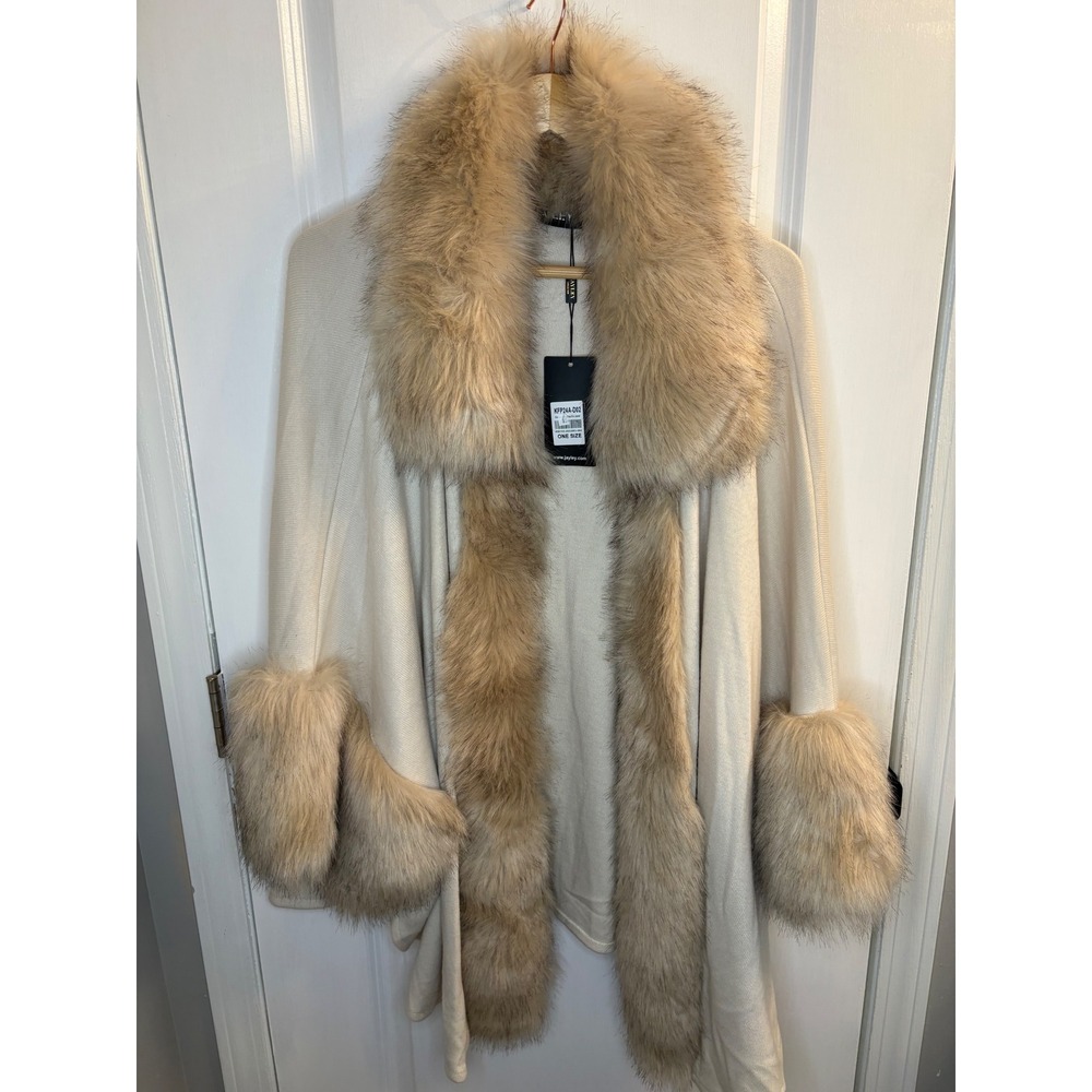 Jayley Cream Knit Faux Fur Trim Cape Wrap Jacket KFP24A-D02 One Size New